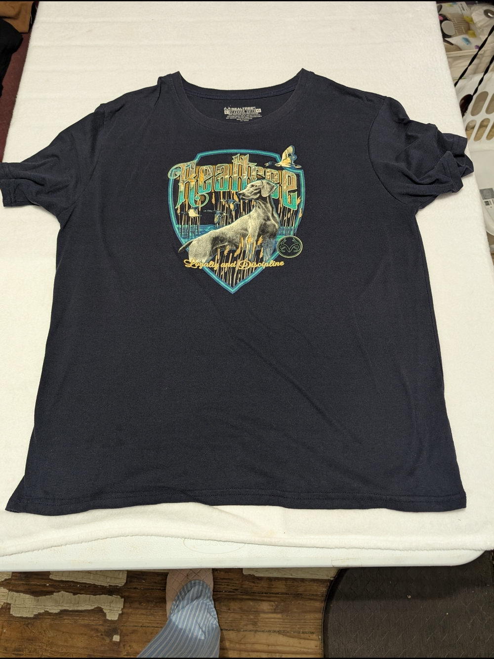 Realtree Black Short Sleeve Tee with Teal and Gold Dog Graphic